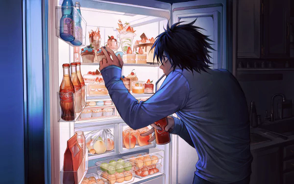 4K Ultra HD anime wallpaper of L from Death Note, shown reaching into a brightly lit refrigerator in a dark room, showcasing detailed shadows and vibrant colors.