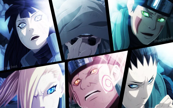 HD desktop wallpaper featuring Kiba Inuzuka, Shikamaru Nara, Chōji Akimichi, Ino Yamanaka, Shino Aburame, and Hinata Hyuga from the anime Naruto in dramatic close-up portraits.