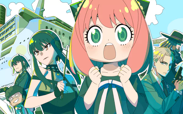Anime characters Anya Forger, Yor Forger, and Loid Forger from Spy x Family are featured in this vibrant HD desktop wallpaper, capturing their adventurous spirit against a colorful backdrop.