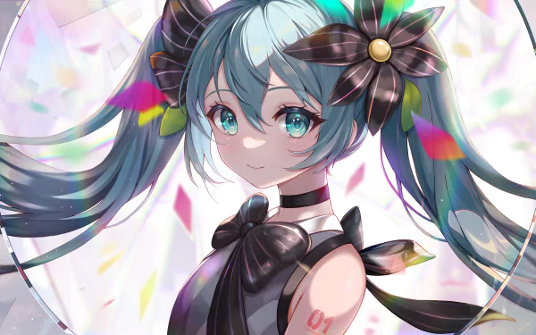 Vibrant 4K Ultra HD anime wallpaper featuring Hatsune Miku, the iconic Vocaloid, with flowing teal twin-tails and a detailed floral outfit against a soft, colorful background.