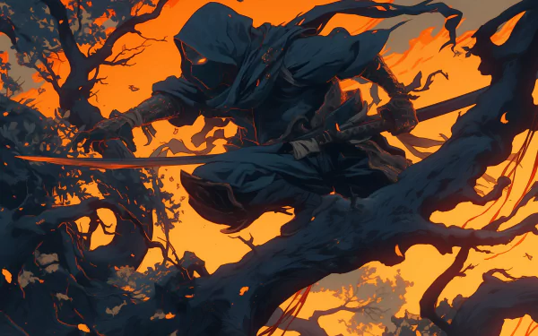 Anime ninja character poised in action against a fiery sunset backdrop, HD wallpaper.