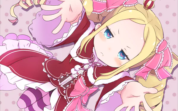 HD desktop wallpaper featuring Beatrice from Re:Zero - Starting Life in Another World. Beatrice, dressed in her signature pink and red outfit, reaches forward with a serious expression against a polka dot background.