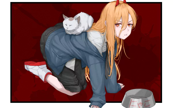 HD desktop wallpaper of Power from Chainsaw Man anime, featuring her with long orange hair, dressed casually, with a white cat on her back and a food bowl beside her, set against a red background.