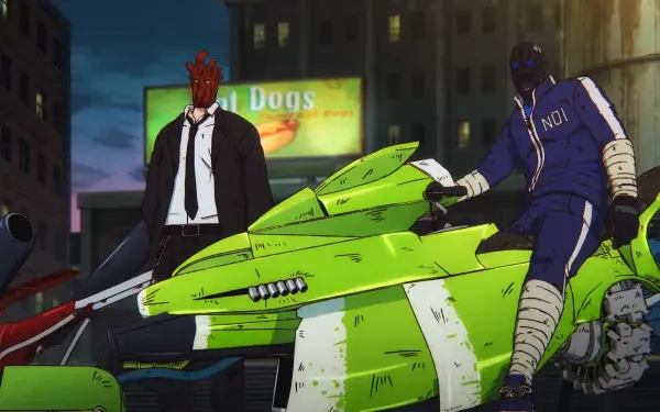 5K Ultra HD Dorohedoro anime wallpaper: Noi and Shin in an acid-punk city, neon-green bike, bandaged Shin and suited Noi under a gritty night skyline.