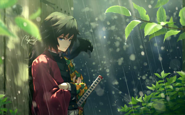 HD desktop wallpaper featuring Giyuu Tomioka from Demon Slayer: Kimetsu no Yaiba, standing pensively in a serene, rain-soaked forest.