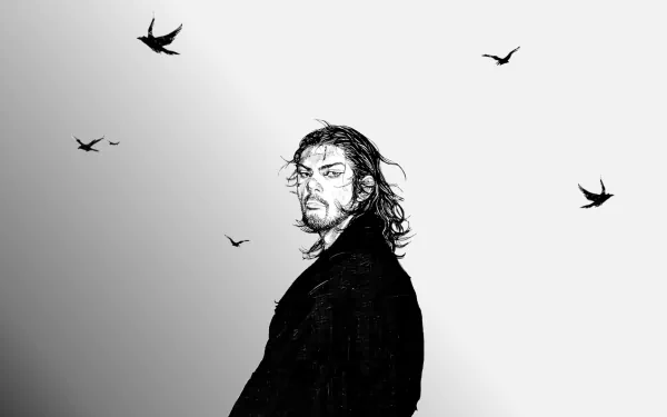 HD wallpaper featuring a stylized black and white illustration of Miyamoto Musashi from the manga Vagabond, with birds flying in the background.
