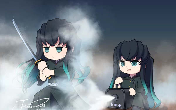 HD desktop wallpaper featuring chibi-style Muichiro Tokito from the anime Demon Slayer: Kimetsu no Yaiba, holding a sword and standing ready in a misty background.