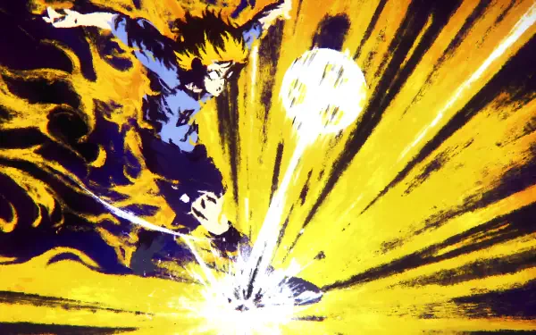 Dynamic 4K Ultra HD anime wallpaper featuring Bachira Meguru from Blue Lock, capturing an intense moment as he strikes a glowing soccer ball with fiery energy.