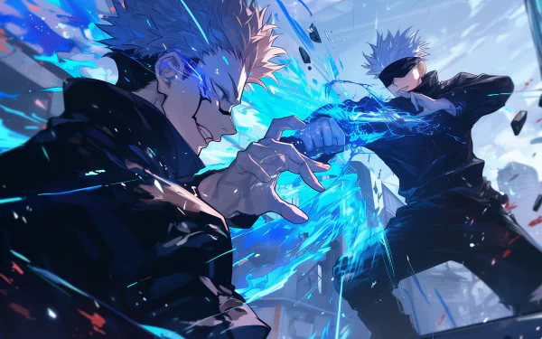HD desktop wallpaper featuring the intense battle between Satoru Gojo and Sukuna from Jujutsu Kaisen, showcasing dynamic anime action