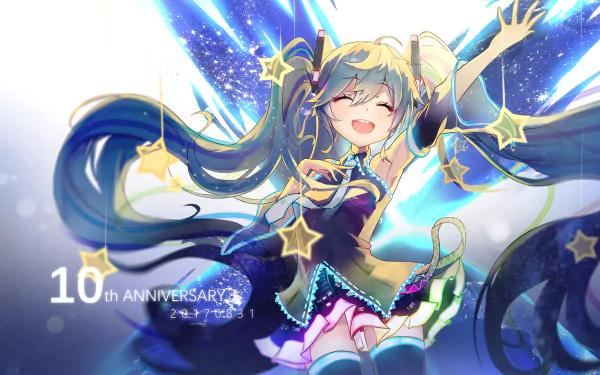 HD desktop wallpaper of anime character Hatsune Miku, celebrating the 10th anniversary, with vibrant colors and dynamic background elements typical of Vocaloid artwork.