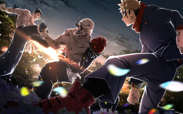 HD desktop wallpaper featuring characters from Jujutsu Kaisen, including Hanami, Aoi Todo, and Yuji Itadori in school uniforms, engaged in a nighttime battle, with vibrant background details.