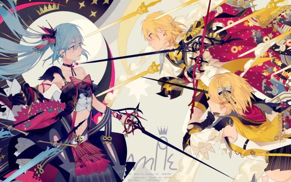 HD anime wallpaper featuring Vocaloid characters Rin Kagamine, Len Kagamine, and Hatsune Miku, depicted in an intense and dynamic scene with vibrant colors and intricate details.