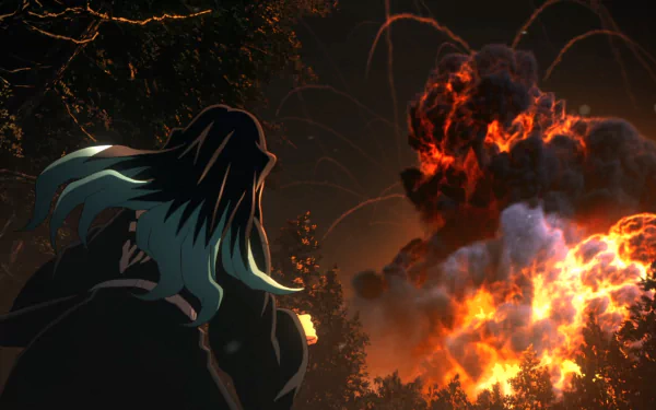 HD PC desktop wallpaper featuring Muichiro Tokito from the anime Demon Slayer: Kimetsu no Yaiba, set against a fiery, intense battle scene.