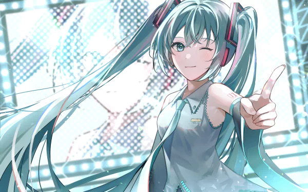 HD anime wallpaper featuring Hatsune Miku, the iconic Vocaloid character, with her signature teal twin-tails and futuristic outfit, striking a playful pose.