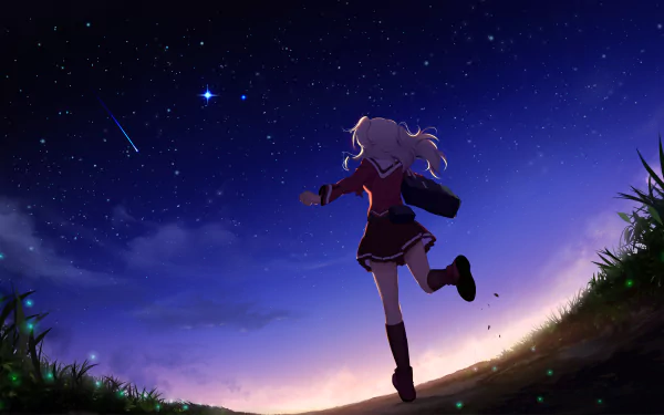 HD desktop wallpaper featuring Nao Tomori from the anime Charlotte, running under a starlit sky with a gradient of deep blue and purple hues.