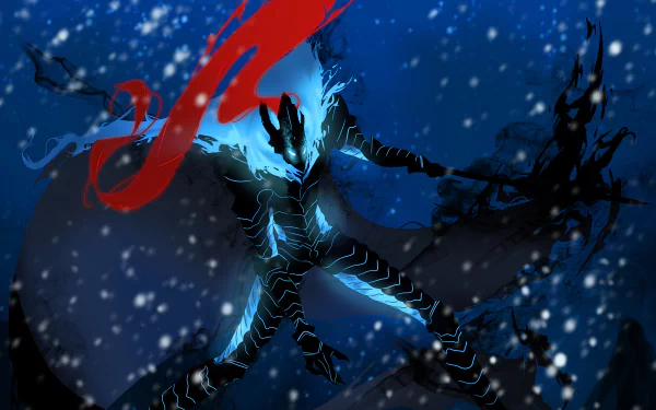 HD desktop wallpaper featuring Igris from the anime Solo Leveling, with a dark, dramatic background and snowfall.