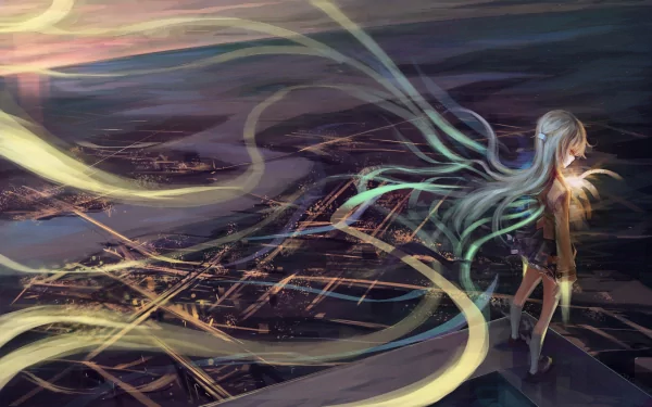 HD desktop wallpaper featuring Kanade Tachibana from the anime Angel Beats! against a scenic, dynamic backdrop with glowing light trails.