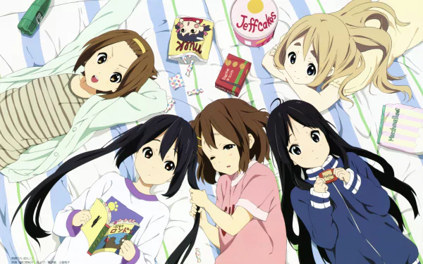 A HD wallpaper featuring Azusa Nakano, Tsumugi Kotobuki, Ritsu Tainaka, Yui Hirasawa, and Mio Akiyama from the anime K-ON!, capturing their playful and cozy moments together.