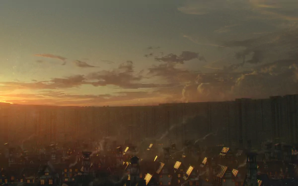 HD desktop wallpaper featuring a sunset over a town enclosed by massive walls, inspired by the anime Attack on Titan.