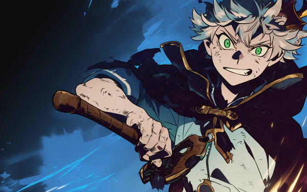 HD wallpaper featuring Asta from Black Clover anime, poised for battle against a dynamic blue background.