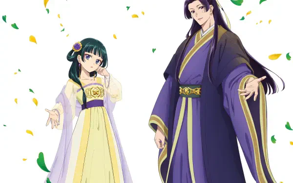 Anime-style 4K Ultra HD wallpaper featuring Maomao and Jinshi from The Apothecary Diaries dressed in traditional attire with falling flower petals.
