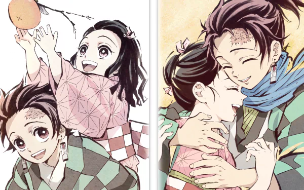 HD desktop wallpaper featuring Tanjiro Kamado and Nezuko Kamado from the anime Demon Slayer: Kimetsu no Yaiba, showcasing their joyful sibling bond in two heartwarming scenes.