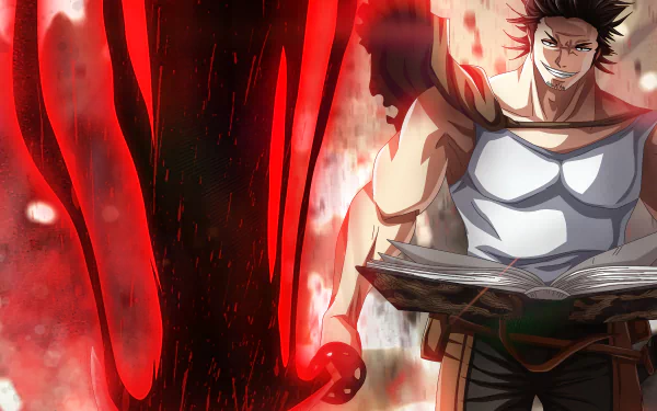 HD desktop wallpaper featuring Yami Sukehiro from the anime Black Clover, holding a book with intense red energy emanating beside him.
