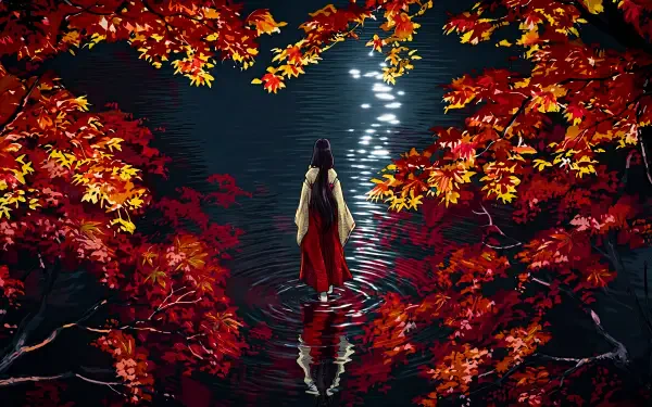 Kikyô from InuYasha, a priestess in red and white, walks on shimmering water beneath crimson autumn leaves — 5K Ultra HD anime PC wallpaper