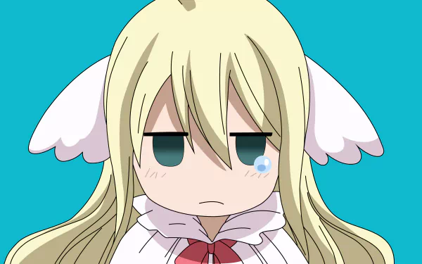 HD desktop wallpaper featuring Mavis Vermilion from the anime Fairy Tail, depicted in a chibi style with a neutral expression against a blue background.