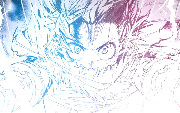 HD anime desktop wallpaper featuring a dynamic, sketch-style close-up of Izuku Midoriya from My Hero Academia with vibrant blue and pink accents.