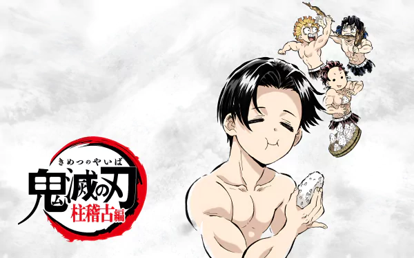 4K Ultra HD anime wallpaper featuring characters from Demon Slayer: Kimetsu no Yaiba with a minimalist white background and dynamic poses.