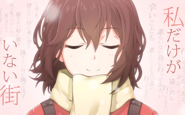 HD wallpaper featuring Kayo Hinazuki from the anime Erased (Boku Dake Ga Inai Machi). The character, shown with closed eyes, wears a white scarf. Text in Japanese surrounds her on a pale, textured background.