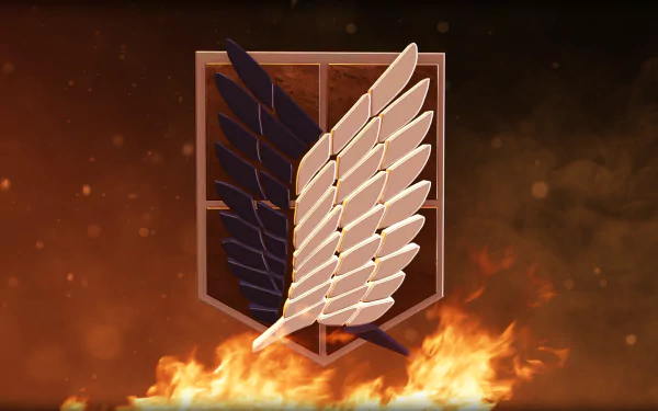 HD desktop wallpaper featuring the Wings of Freedom emblem from Attack on Titan, set against a fiery background with floating embers.