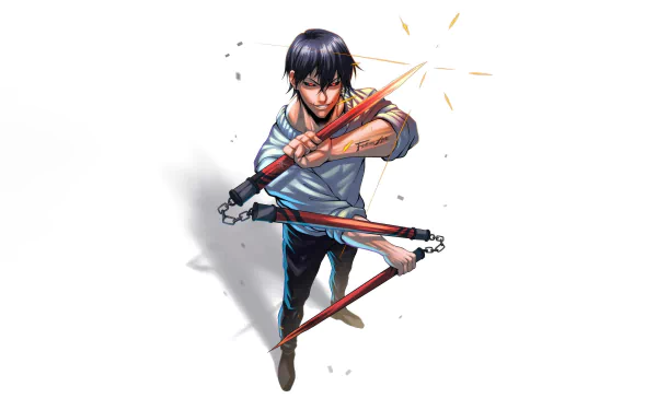 HD desktop wallpaper featuring Toji Fushiguro from the anime Jujutsu Kaisen, posing with his weapon, set against a white background.