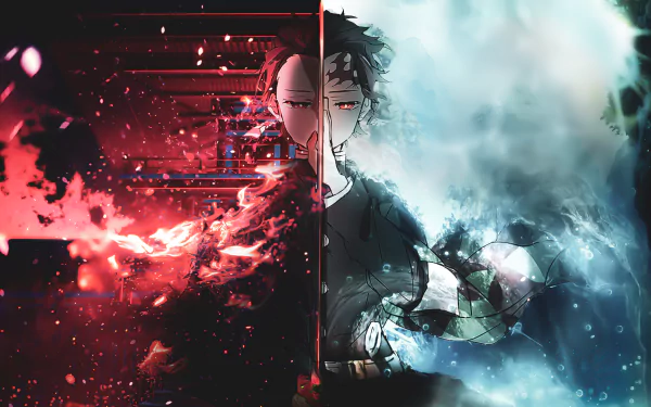 HD PC desktop wallpaper featuring a striking anime-style split image from Demon Slayer: Kimetsu no Yaiba, showcasing fiery red and icy blue elemental themes.