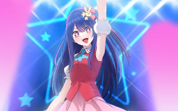 HD PC desktop wallpaper featuring Ai Hoshino from the anime Oshi no Ko, showcasing vibrant colors and energetic, star-filled background.