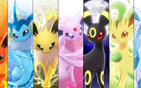 HD desktop wallpaper featuring vibrant and diverse Eeveelutions from Pokémon. Background showcases Flareon, Vaporeon, Jolteon, Espeon, Umbreon, and Leafeon against various elemental themes.