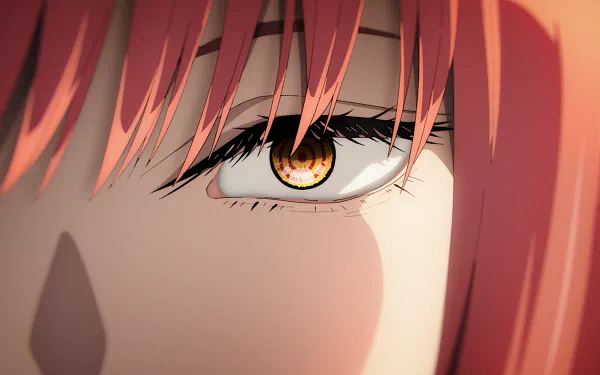 Close-up of an intense anime eye with red hair from Chainsaw Man, featured as an HD PC desktop wallpaper and background.