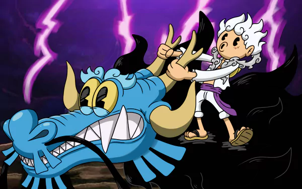 High-definition wallpaper showcasing an epic scene from One Piece: Gear 5, featuring Monkey D. Luffy battling Kaido amidst a dramatic backdrop of lightning and energy.