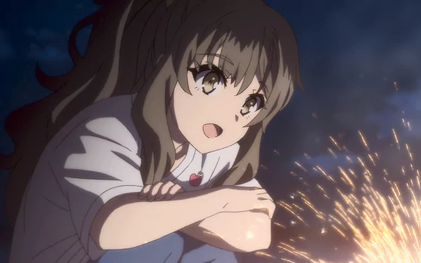 HD wallpaper featuring Rio Futaba from Rascal Does Not Dream of Bunny Girl Senpai, set against a backdrop of sparkling fireworks.
