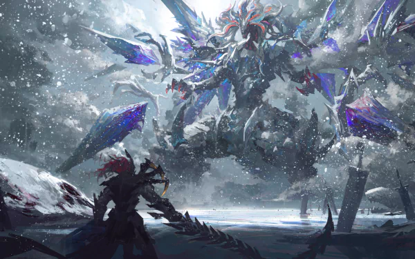 A dynamic 4K Ultra HD anime Yu-Gi-Oh! scene depicts an intense battle between a lone figure and a colossal mechanical dragon in a snowy, stormy landscape.