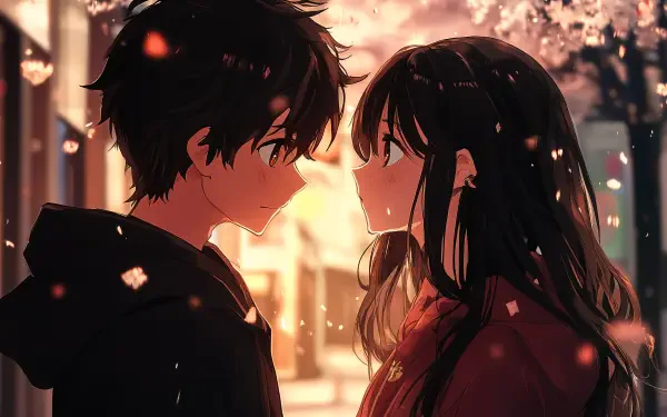 An intimate anime couple stands close together, surrounded by cherry blossoms, capturing a romantic moment. This vibrant image serves as a stunning 4K Ultra HD desktop wallpaper.