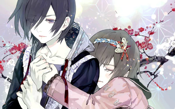 Ken Kaneki and Touka Kirishima from Tokyo Ghoul in a gentle embrace, set against a beautifully detailed HD background.