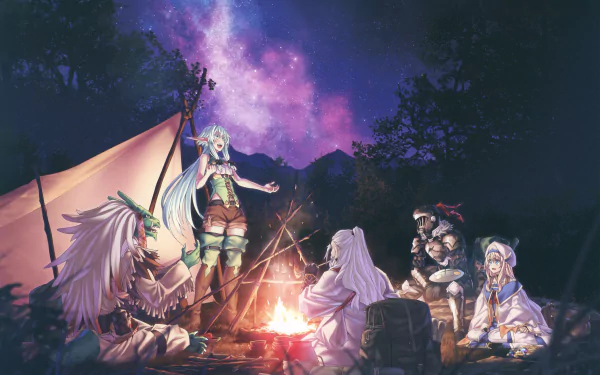 HD desktop wallpaper featuring characters Lizard Priest, Dwarf Shaman, Priestess, High Elf Archer, and Goblin Slayer from the anime Goblin Slayer, gathered around a campfire at night under a starry sky.