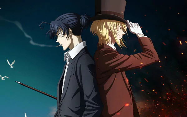 Yuukoku no Moriarty anime wallpaper featuring Sherlock Holmes and Louis James Moriarty in 4K Ultra HD, capturing the intense and contrasting atmosphere of Moriarty the Patriot.