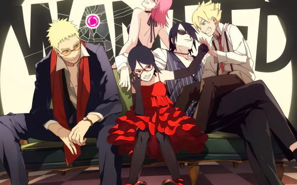 HD desktop wallpaper featuring Naruto Uzumaki, Sasuke Uchiha, Sakura Haruno, Sarada Uchiha, and Boruto Uzumaki in stylish, modern attire from Boruto: Naruto the Movie.