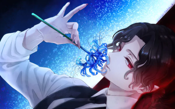A striking HD wallpaper of Muzan Kibutsuji from Demon Slayer: Kimetsu no Yaiba, featuring him elegantly holding a blue flower while exuding an aura of mystique.