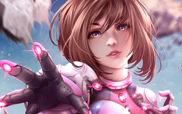 HD desktop wallpaper featuring Ochaco Uraraka from My Hero Academia with short brown hair, purple eyes, and in her hero costume, set against a dynamic background.