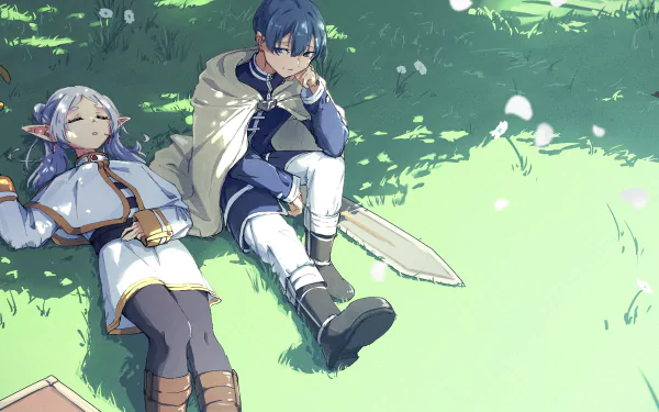 Anime-style 4K Ultra HD wallpaper featuring Frieren and Himmel from Frieren: Beyond Journey's End relaxing on grass under soft sunlight and floating petals.