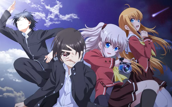 HD desktop wallpaper featuring characters from the anime Charlotte: Joujirou Takajou, Yusa Kurobane, Yū Otosaka, and Nao Tomori. They are in school uniforms, with a night sky and shooting star in the background.